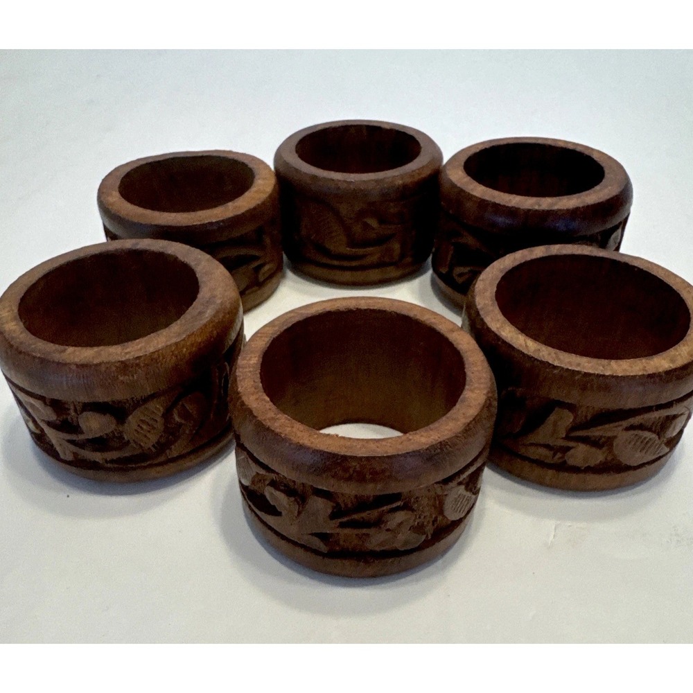 Vintage 6 Wooden Hand Carved Napkin Rings Carved Floral Leaf Design 2"